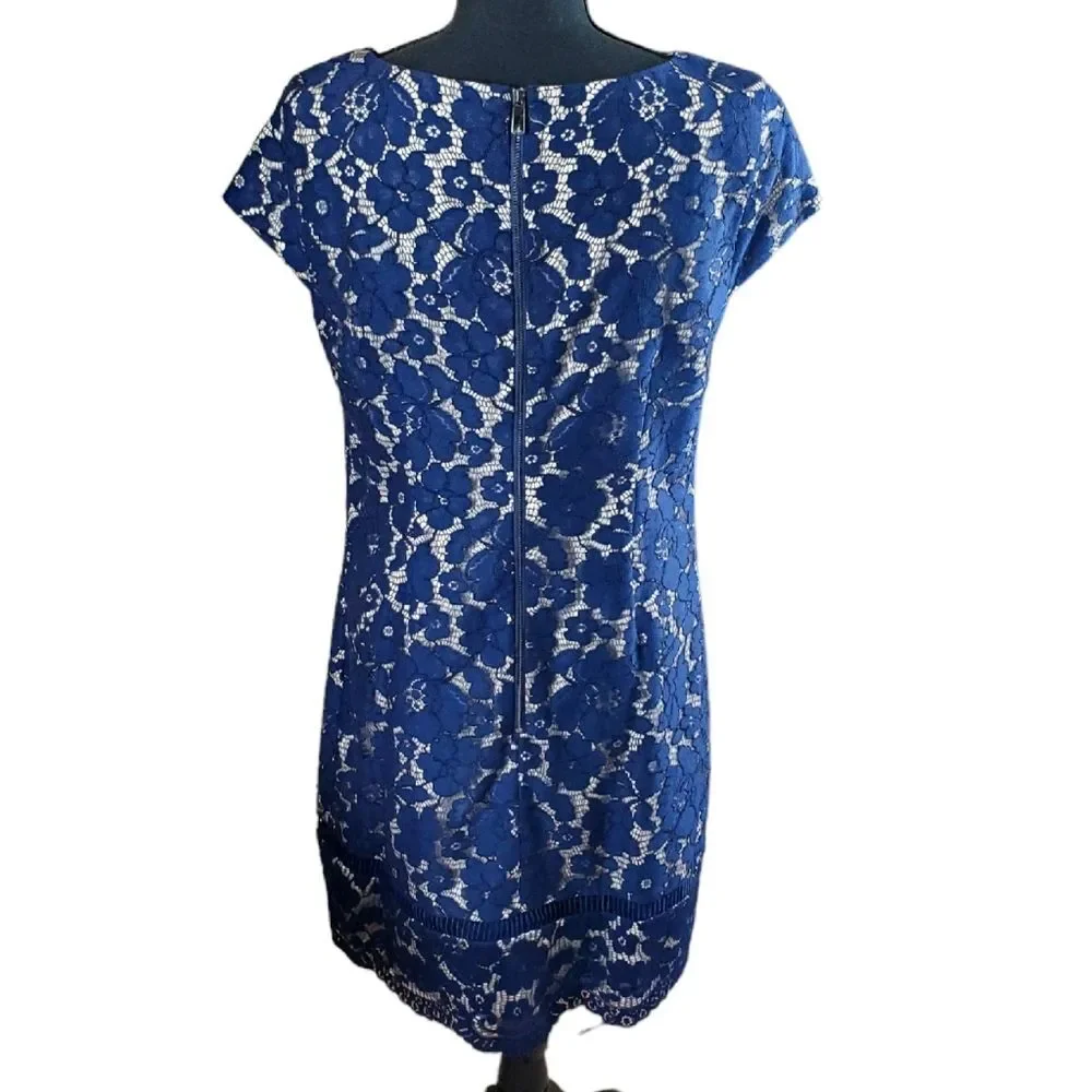 VINCE CAMUTO Blue Lace Overlay Fit & Flare Dress Size 10 Cap Sleeve Back Zip